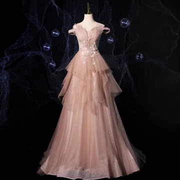 Fashion Champagne Prom Dresses 2021 A Line Princess Off The Shoulder Short Sleeve Appliques Lace Beading Glitter Tulle Sweep Train Ruffle Backless Formal Dresses