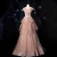 Fashion Champagne Prom Dresses 2021 A-Line / Princess Off-The-Shoulder Short Sleeve Appliques Lace Beading Glitter Tulle Sweep Train Ruffle Backless Formal Dresses