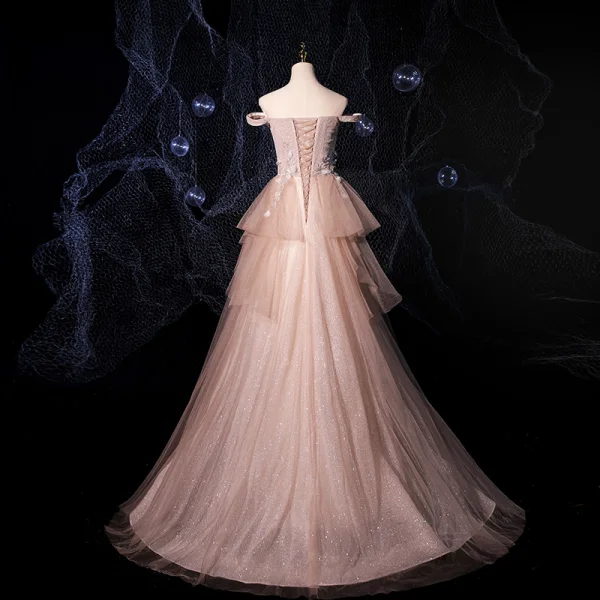 Fashion Champagne Prom Dresses 2021 A-Line / Princess Off-The-Shoulder Short Sleeve Appliques Lace Beading Glitter Tulle Sweep Train Ruffle Backless Formal Dresses