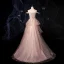 Fashion Champagne Prom Dresses 2021 A-Line / Princess Off-The-Shoulder Short Sleeve Appliques Lace Beading Glitter Tulle Sweep Train Ruffle Backless Formal Dresses