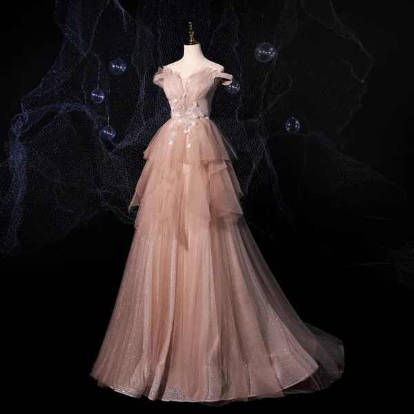 Fashion Champagne Prom Dresses 2021 A-Line / Princess Off-The-Shoulder Short Sleeve Appliques Lace Beading Glitter Tulle Sweep Train Ruffle Backless Formal Dresses