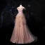 Fashion Champagne Prom Dresses 2021 A-Line / Princess Off-The-Shoulder Short Sleeve Appliques Lace Beading Glitter Tulle Sweep Train Ruffle Backless Formal Dresses