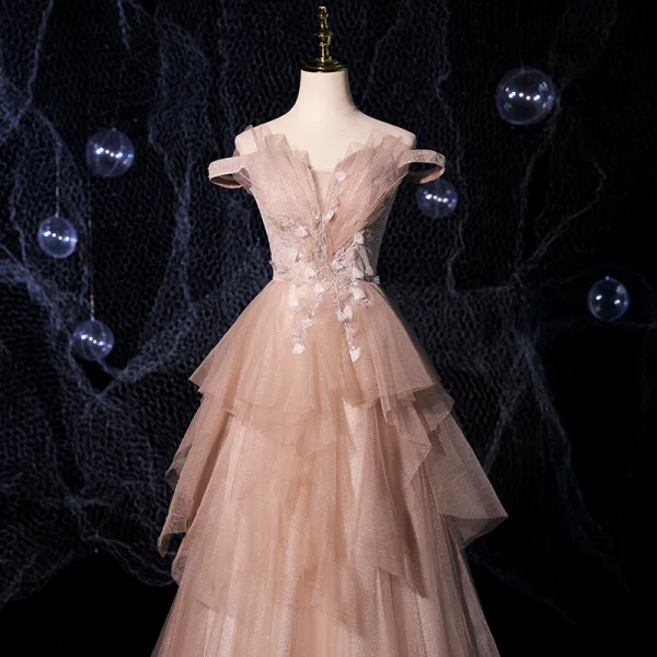 Fashion Champagne Prom Dresses 2021 A-Line / Princess Off-The-Shoulder Short Sleeve Appliques Lace Beading Glitter Tulle Sweep Train Ruffle Backless Formal Dresses