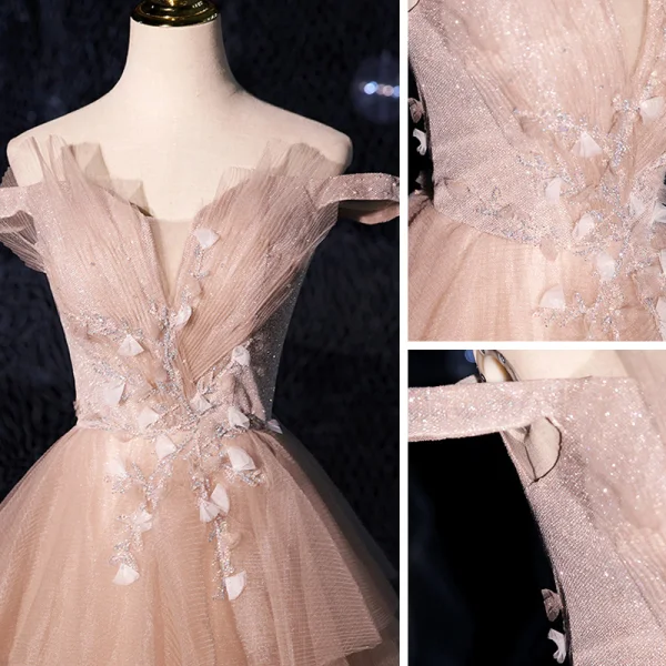 Fashion Champagne Prom Dresses 2021 A-Line / Princess Off-The-Shoulder Short Sleeve Appliques Lace Beading Glitter Tulle Sweep Train Ruffle Backless Formal Dresses
