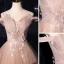 Fashion Champagne Prom Dresses 2021 A-Line / Princess Off-The-Shoulder Short Sleeve Appliques Lace Beading Glitter Tulle Sweep Train Ruffle Backless Formal Dresses