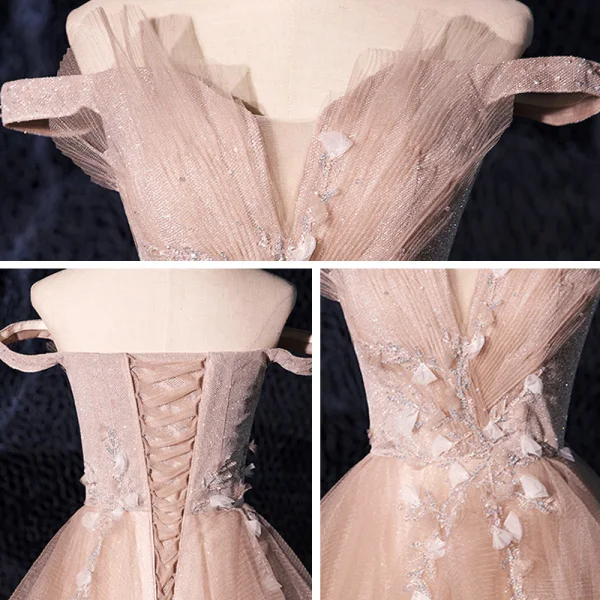 Fashion Champagne Prom Dresses 2021 A-Line / Princess Off-The-Shoulder Short Sleeve Appliques Lace Beading Glitter Tulle Sweep Train Ruffle Backless Formal Dresses