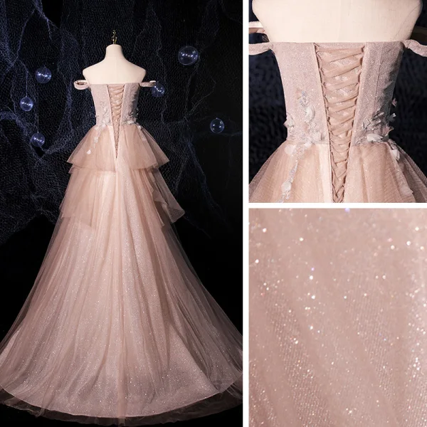 Fashion Champagne Prom Dresses 2021 A-Line / Princess Off-The-Shoulder Short Sleeve Appliques Lace Beading Glitter Tulle Sweep Train Ruffle Backless Formal Dresses