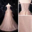 Fashion Champagne Prom Dresses 2021 A-Line / Princess Off-The-Shoulder Short Sleeve Appliques Lace Beading Glitter Tulle Sweep Train Ruffle Backless Formal Dresses