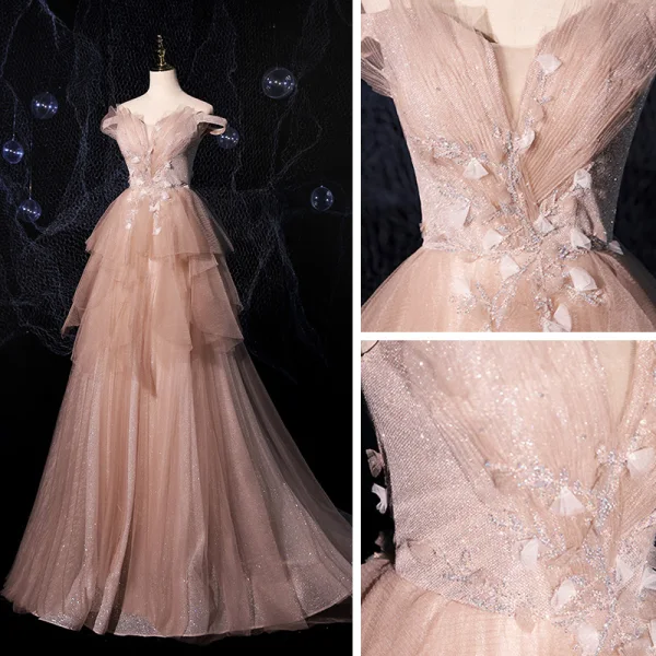 Fashion Champagne Prom Dresses 2021 A-Line / Princess Off-The-Shoulder Short Sleeve Appliques Lace Beading Glitter Tulle Sweep Train Ruffle Backless Formal Dresses
