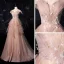 Fashion Champagne Prom Dresses 2021 A-Line / Princess Off-The-Shoulder Short Sleeve Appliques Lace Beading Glitter Tulle Sweep Train Ruffle Backless Formal Dresses