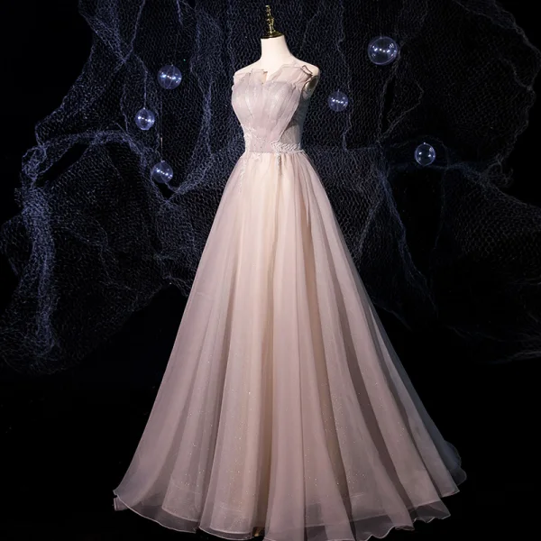 Élégant Rougissant Rose Robe De Bal 2021 Princesse Bustier Sans Manches Appliques En Dentelle Perlage Glitter Tulle Train De Balayage Volants Dos Nu Robe De Ceremonie