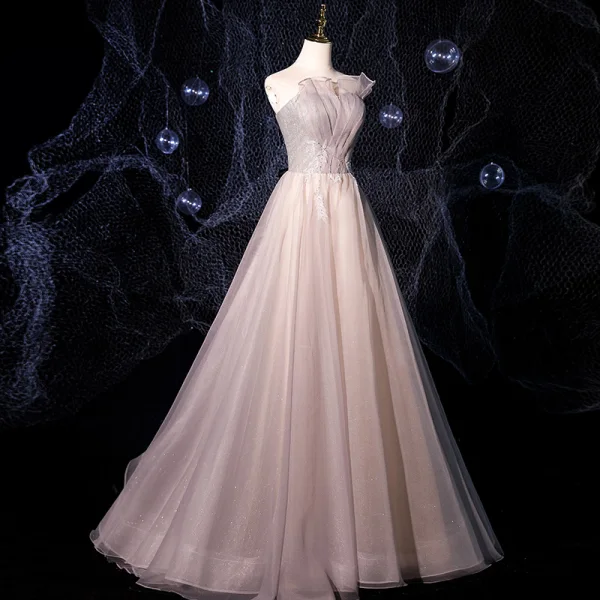 Élégant Rougissant Rose Robe De Bal 2021 Princesse Bustier Sans Manches Appliques En Dentelle Perlage Glitter Tulle Train De Balayage Volants Dos Nu Robe De Ceremonie