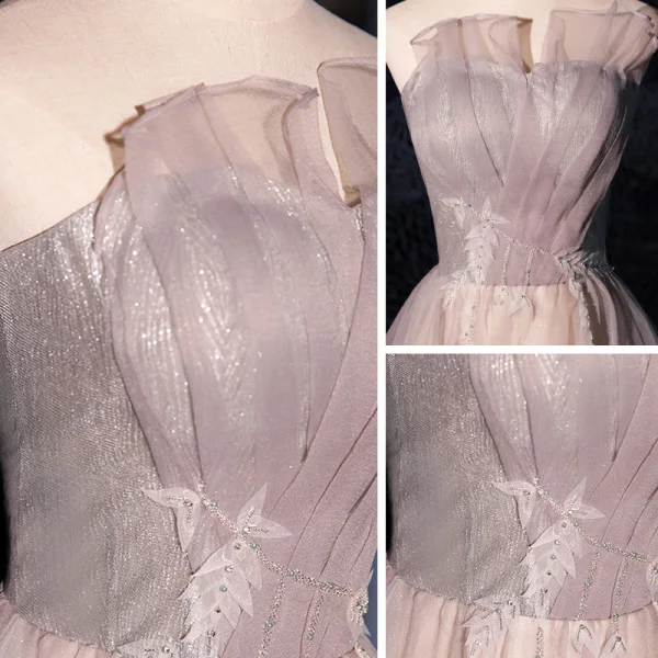 Élégant Rougissant Rose Robe De Bal 2021 Princesse Bustier Sans Manches Appliques En Dentelle Perlage Glitter Tulle Train De Balayage Volants Dos Nu Robe De Ceremonie
