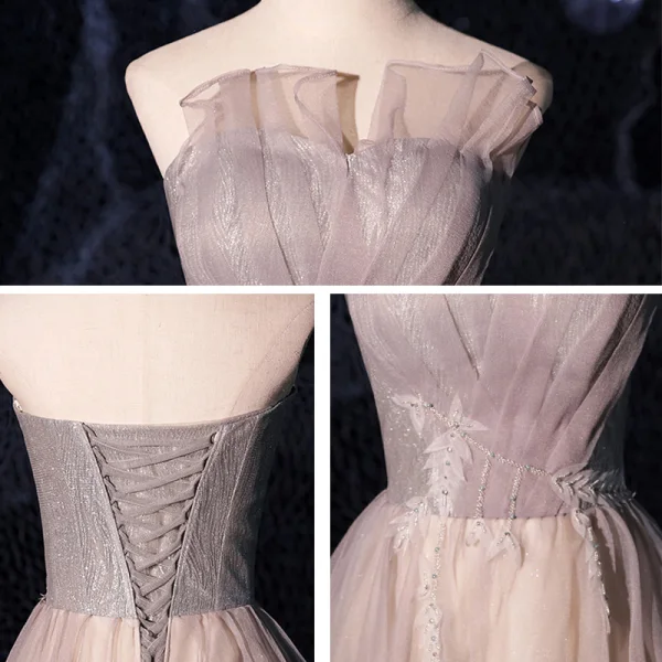 Élégant Rougissant Rose Robe De Bal 2021 Princesse Bustier Sans Manches Appliques En Dentelle Perlage Glitter Tulle Train De Balayage Volants Dos Nu Robe De Ceremonie