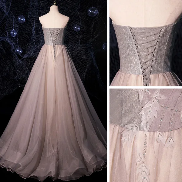 Élégant Rougissant Rose Robe De Bal 2021 Princesse Bustier Sans Manches Appliques En Dentelle Perlage Glitter Tulle Train De Balayage Volants Dos Nu Robe De Ceremonie