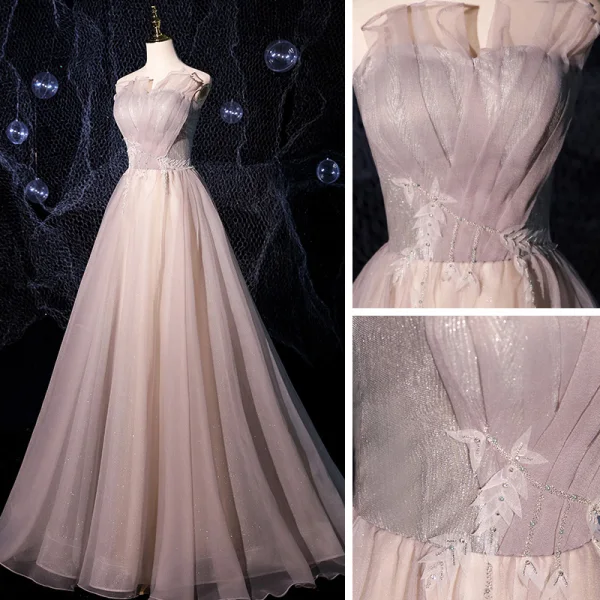 Élégant Rougissant Rose Robe De Bal 2021 Princesse Bustier Sans Manches Appliques En Dentelle Perlage Glitter Tulle Train De Balayage Volants Dos Nu Robe De Ceremonie