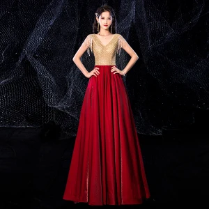 Deux Tons Doré Rouge Velour Dansant Robe De Bal 2021 Princesse Transparentes V Cou Sans Manches Perlage Gland Faux Diamant Longue Volants Dos Nu Robe De Ceremonie