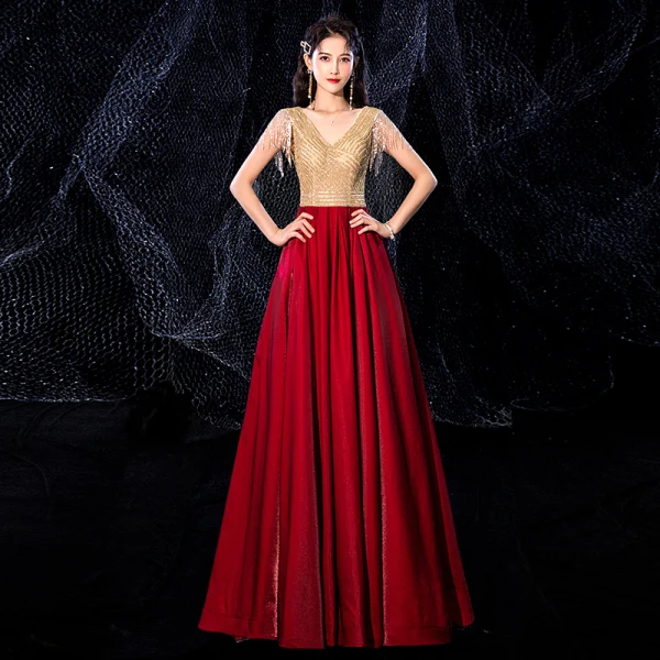 Two Tone Gold Red Velour Dancing Prom Dresses 2021 A-Line / Princess See-through V-Neck Sleeveless Beading Tassel Rhinestone Floor-Length / Long