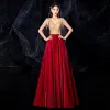 Two Tone Gold Red Velour Dancing Prom Dresses 2021 A-Line / Princess See-through V-Neck Sleeveless Beading Tassel Rhinestone Floor-Length / Long Ruffle Backless Formal Dresses