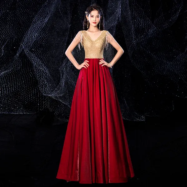 Two Tone Gold Red Velour Dancing Prom Dresses 2021 A-Line / Princess See-through V-Neck Sleeveless Beading Tassel Rhinestone Floor-Length / Long Ruffle Backless Formal Dresses