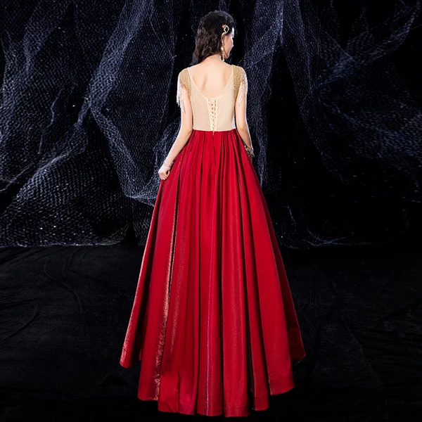 Two Tone Gold Red Velour Dancing Prom Dresses 2021 A-Line / Princess See-through V-Neck Sleeveless Beading Tassel Rhinestone Floor-Length / Long Ruffle Backless Formal Dresses