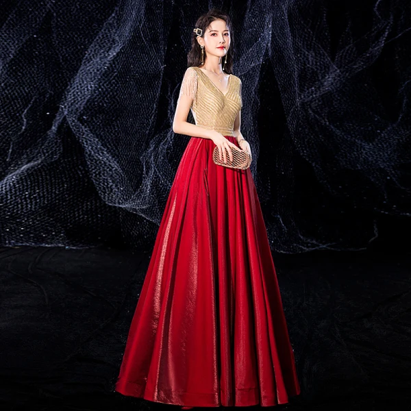 slim fit dress slacks Red and Gold Quince Dress with Cape Sleeves