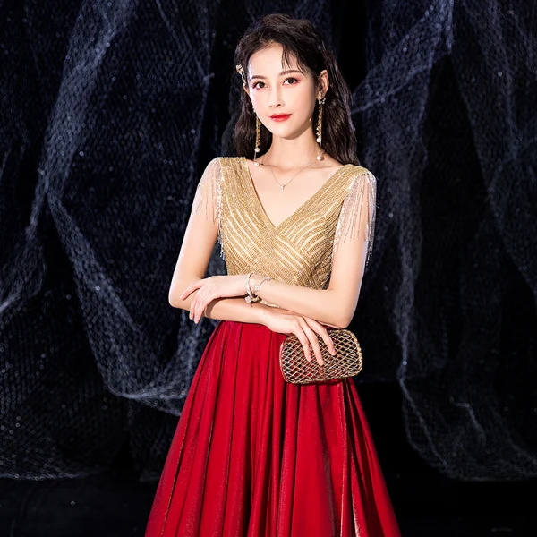 red dress with gold accents Strap Maroon Long Beaded Prom Dress with Split and Gold Lace PG871 US8 / Red main image 1