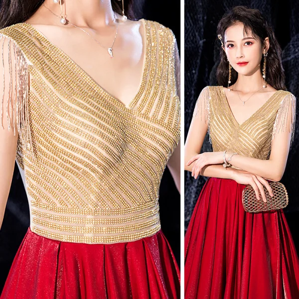 gold and red cocktail dress LaDivine CH189S A Line Sequin Tea Length cocktail Dress main image 0