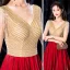 Two Tone Gold Red Velour Dancing Prom Dresses 2021 A-Line / Princess See-through V-Neck Sleeveless Beading Tassel Rhinestone Floor-Length / Long Ruffle Backless Formal Dresses