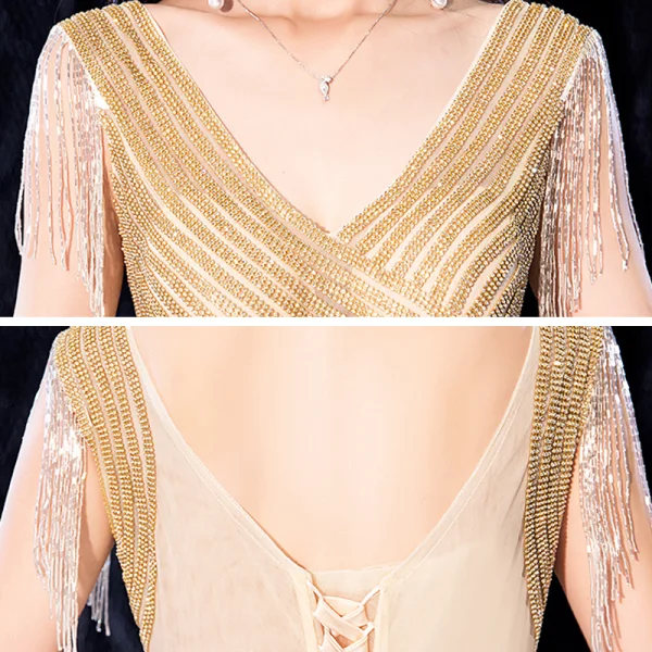 Two Tone Gold Red Velour Dancing Prom Dresses 2021 A-Line / Princess See-through V-Neck Sleeveless Beading Tassel Rhinestone Floor-Length / Long Ruffle Backless Formal Dresses