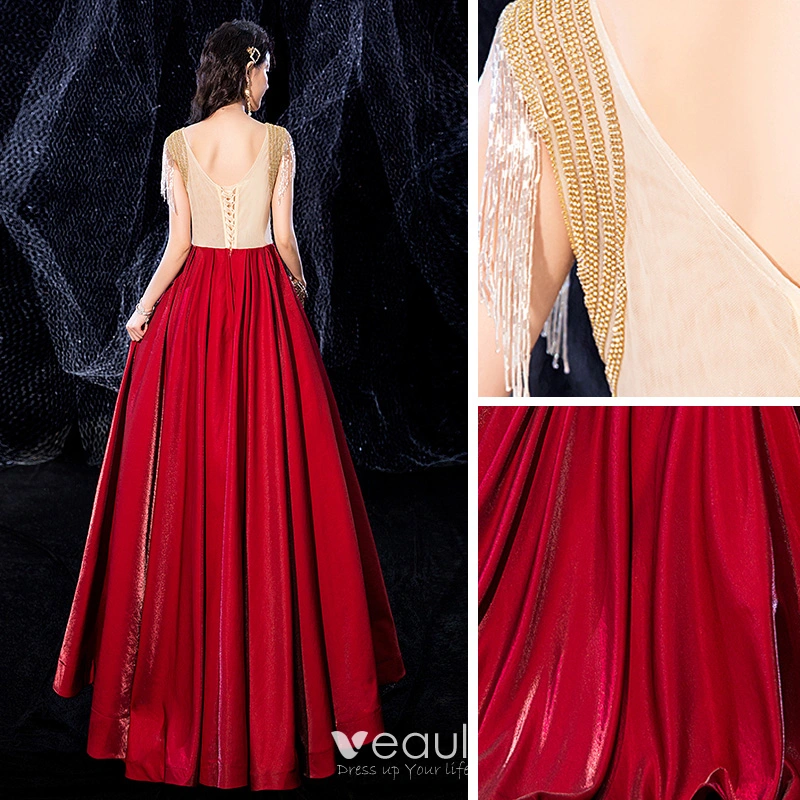 Two Tone Gold Red Velour Dancing Prom Dresses 2021 A Line Princess See  Through V Neck Sleeveless Beading Tassel Rhinestone Floor Length Long  Ruffle Backless Formal Dresses
