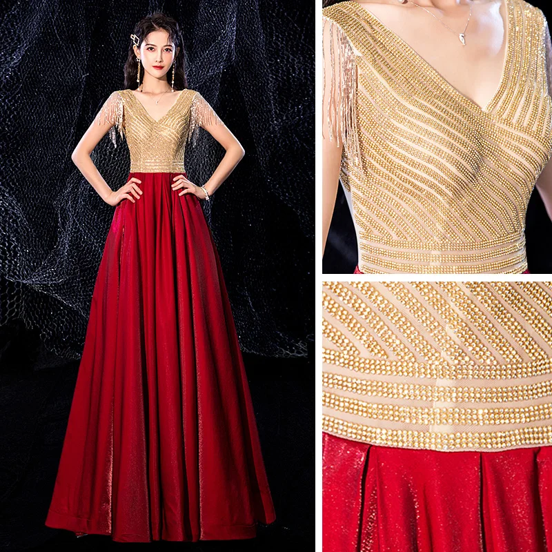green emerald velvet dress Vintage Red & Gold Sequin Ball Gown Prom Dresses FD1971 viniodress –  Viniodress main image 1