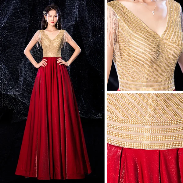 Two Tone Gold Red Velour Dancing Prom Dresses 2021 A-Line / Princess See-through V-Neck Sleeveless Beading Tassel Rhinestone Floor-Length / Long