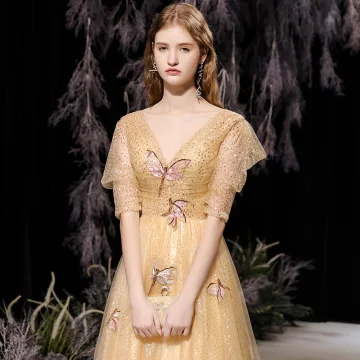 Sparkly Yellow Dancing Prom Dresses 2021 A Line Princess Deep V Neck Puffy 1 2 Sleeves Sequins Cartoon Embroidered Floor Length Long Ruffle Backless Formal Dresses