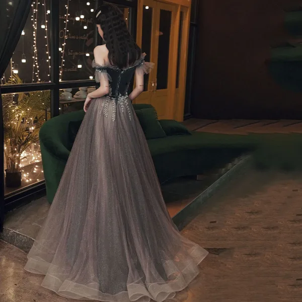 Two Tone Green Prom Dresses 2021 A-Line / Princess Off-The-Shoulder Short Sleeve Beading Glitter Tulle Sweep Train Ruffle Backless Formal Dresses
