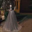 Two Tone Green Prom Dresses 2021 A-Line / Princess Off-The-Shoulder Short Sleeve Beading Glitter Tulle Sweep Train Ruffle Backless Formal Dresses