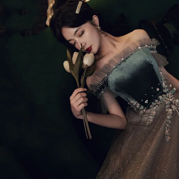 Two Tone Green Prom Dresses 2021 A-Line / Princess Off-The-Shoulder Short Sleeve Beading Glitter Tulle Sweep Train Ruffle Backless Formal Dresses