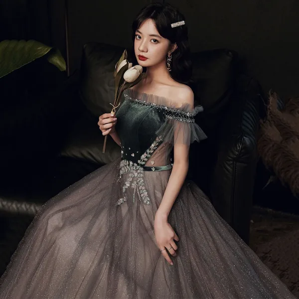 Two Tone Green Prom Dresses 2021 A-Line / Princess Off-The-Shoulder Short Sleeve Beading Glitter Tulle Sweep Train Ruffle Backless Formal Dresses