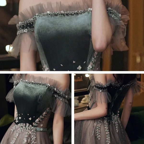 Two Tone Green Prom Dresses 2021 A-Line / Princess Off-The-Shoulder Short Sleeve Beading Glitter Tulle Sweep Train Ruffle Backless Formal Dresses