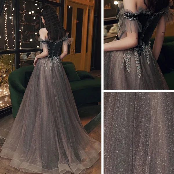 Two Tone Green Prom Dresses 2021 A-Line / Princess Off-The-Shoulder Short Sleeve Beading Glitter Tulle Sweep Train Ruffle Backless Formal Dresses
