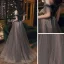 Two Tone Green Prom Dresses 2021 A-Line / Princess Off-The-Shoulder Short Sleeve Beading Glitter Tulle Sweep Train Ruffle Backless Formal Dresses