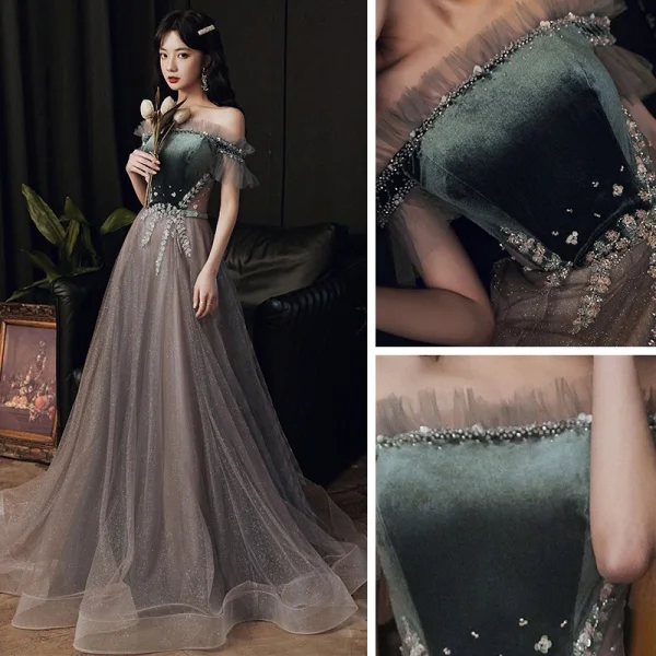 Two Tone Green Prom Dresses 2021 A-Line / Princess Off-The-Shoulder Short Sleeve Beading Glitter Tulle Sweep Train Ruffle Backless Formal Dresses