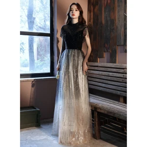 Vintage Svarta Gradient Färg Vita Dansande Balklänningar 2021 Prinsessa Genomskinliga Hög Hals Ärmlös Beading Tassel Paljetter Långa Ruffle