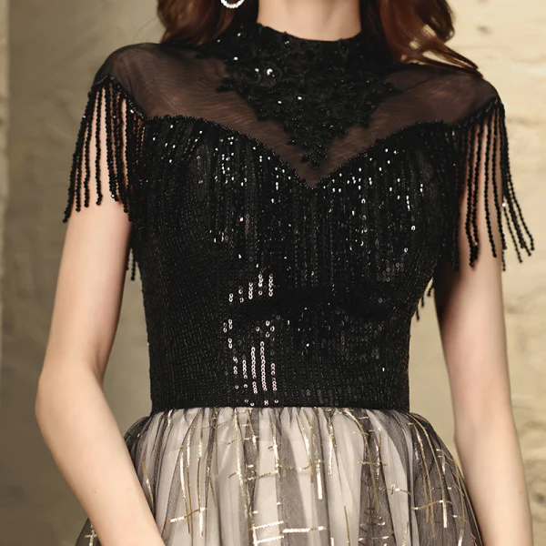 Vintage Sorte Gradient Farve Hvide Dancing Gallakjoler 2021 Prinsesse Gennemsigtig Høj Hals Ærmeløs Beading Tassel Pailletter Lange Flæse