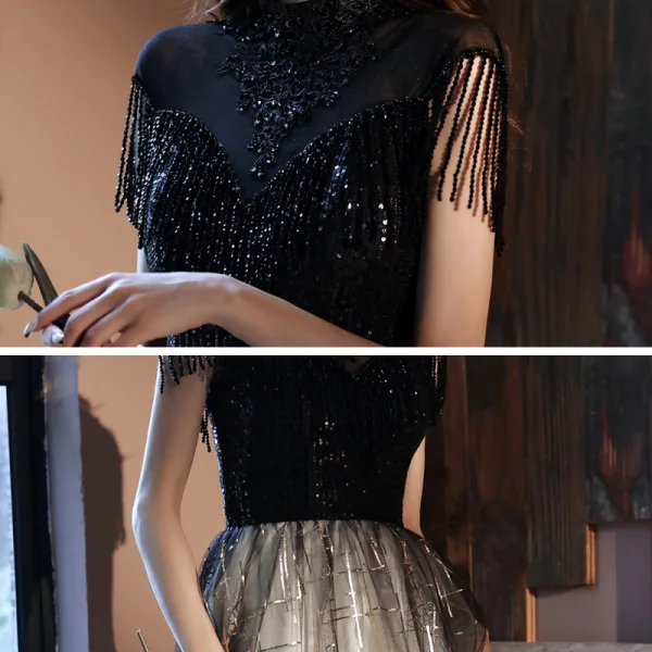 Vintage Sorte Gradient Farve Hvide Dancing Gallakjoler 2021 Prinsesse Gennemsigtig Høj Hals Ærmeløs Beading Tassel Pailletter Lange Flæse
