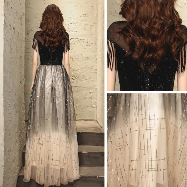 Vintage Sorte Gradient Farve Hvide Dancing Gallakjoler 2021 Prinsesse Gennemsigtig Høj Hals Ærmeløs Beading Tassel Pailletter Lange Flæse
