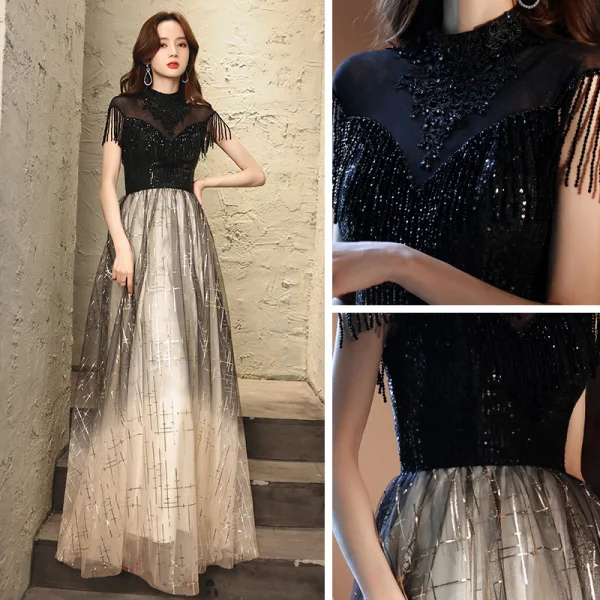 Vintage Sorte Gradient Farve Hvide Dancing Gallakjoler 2021 Prinsesse Gennemsigtig Høj Hals Ærmeløs Beading Tassel Pailletter Lange Flæse