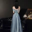 Haut de Gamme Bleu Ciel Satin Dansant Robe De Bal 2021 Princesse Bustier Manches Courtes Fendue devant Longue Volants Dos Nu Robe De Ceremonie