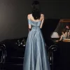 High-end Sky Blue Satin Dancing Prom Dresses 2021 A-Line / Princess Strapless Short Sleeve Split Front Floor-Length / Long Ruffle Backless Formal Dresses