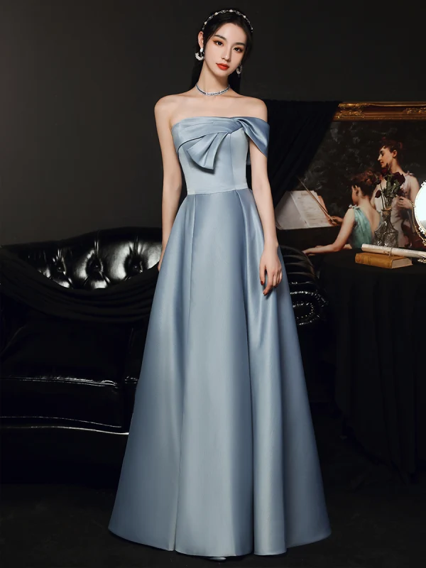 Haut de Gamme Bleu Ciel Satin Dansant Robe De Bal 2021 Princesse Bustier Manches Courtes Fendue devant Longue Volants Dos Nu Robe De Ceremonie